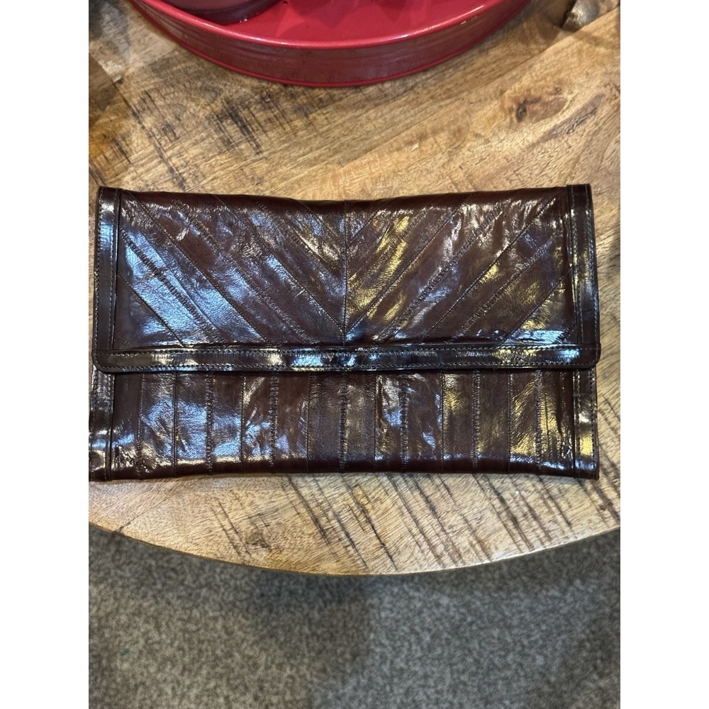 Vintage Genuine‎ Eel Skin Leather Oxblood Red Slim Clutch Handbag Purse Bag